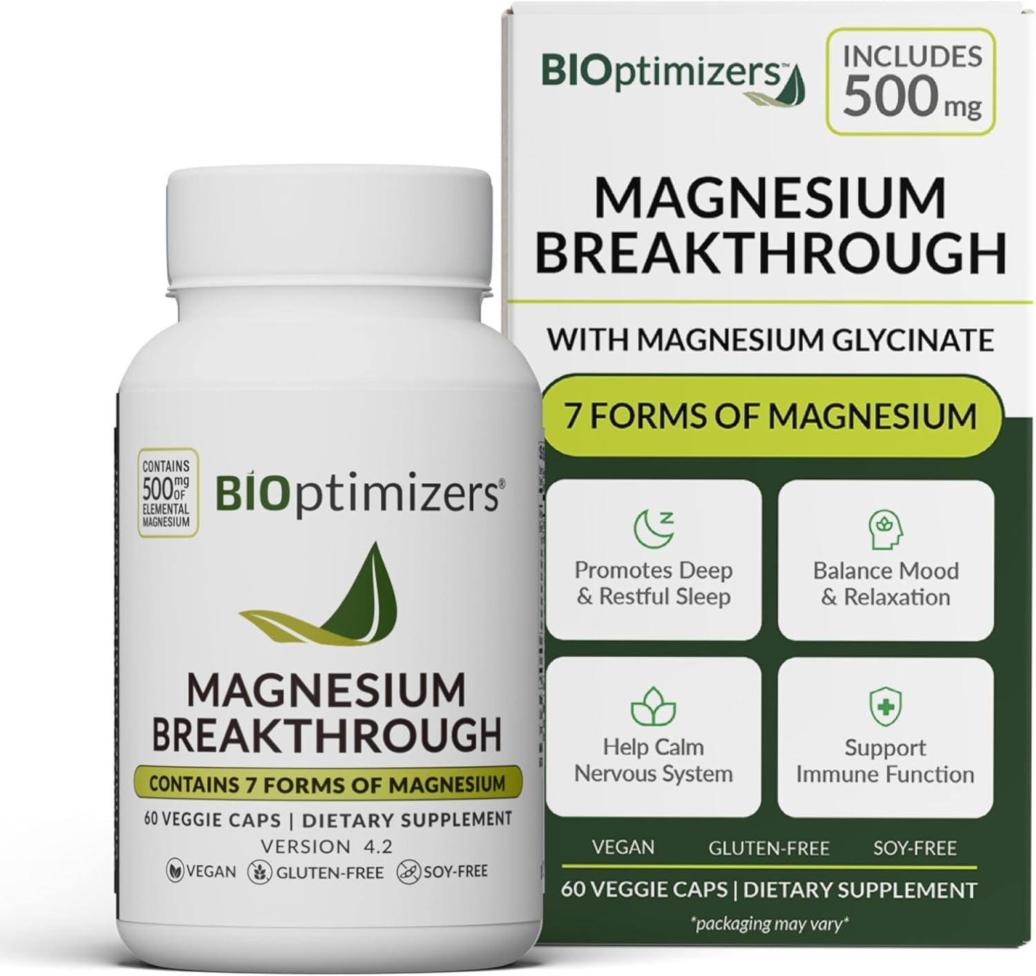 BIOptimizers Magnesium Breakthrough Supplement with 500mg - 7 Forms of Magnesium: Glycinate, Malate, Citrate, and More - Natural Support for Sleep and Cognitive Function -60 Capsules- Calming Vitamins Bioptimizers®