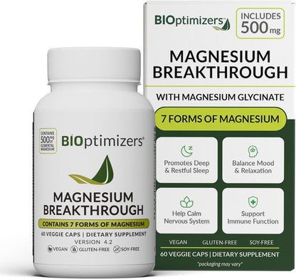 BIOptimizers Magnesium Breakthrough Supplement with 500mg - 7 Forms of Magnesium: Glycinate, Malate, Citrate, and More - Natural Support for Sleep and Cognitive Function -60 Capsules- Calming Vitamins Bioptimizers®