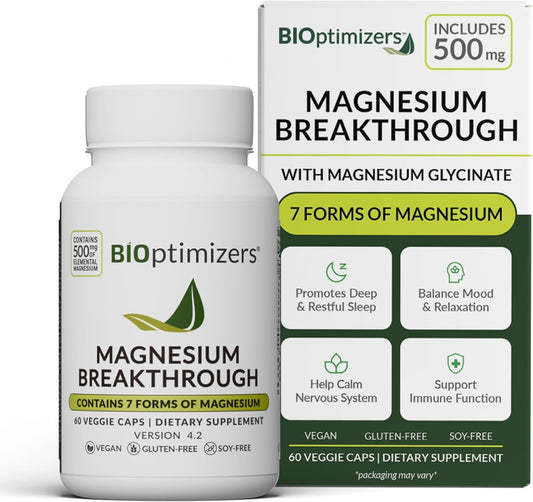 BIOptimizers Magnesium Breakthrough Supplement with 500mg - 7 Forms of Magnesium: Glycinate, Malate, Citrate, and More - Natural Support for Sleep and Cognitive Function -60 Capsules- Calming Vitamins Bioptimizers®